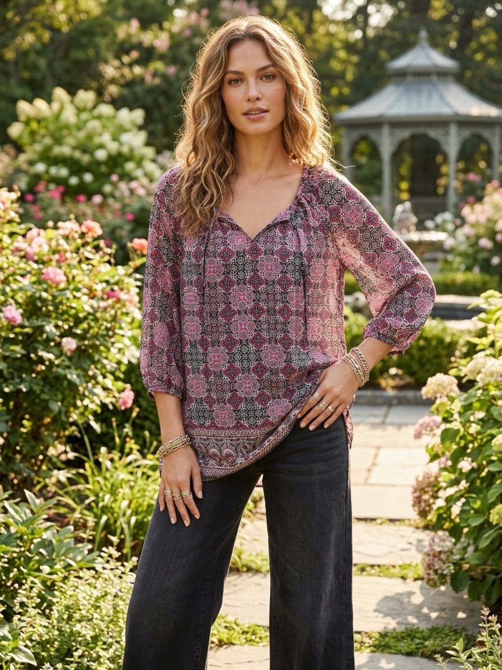 Croft & Barrow Pink and Black Printed Peasant Tunic